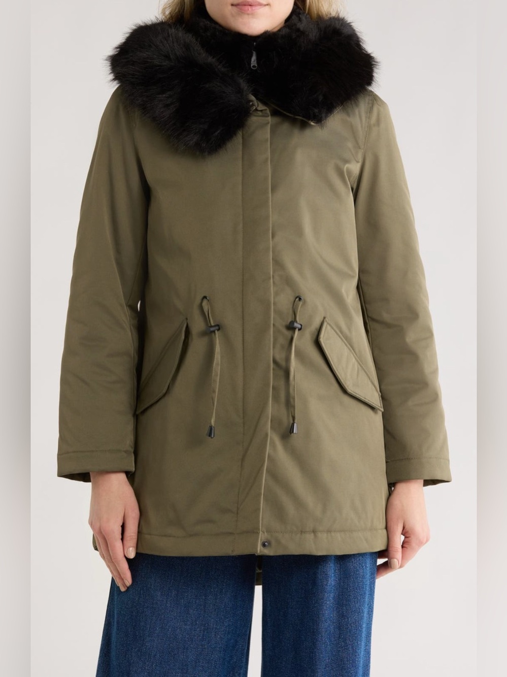 Sam Edelman Olive Green Parka with Black Fur Trim Women’s Coat insulated